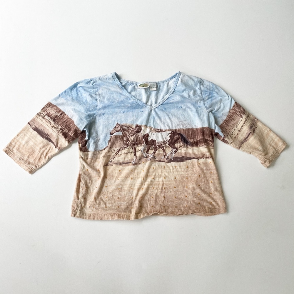 Vintage Y2k‎ Collections Etc Horse Print Top Western Style V Neck 3/4 Sleeve L